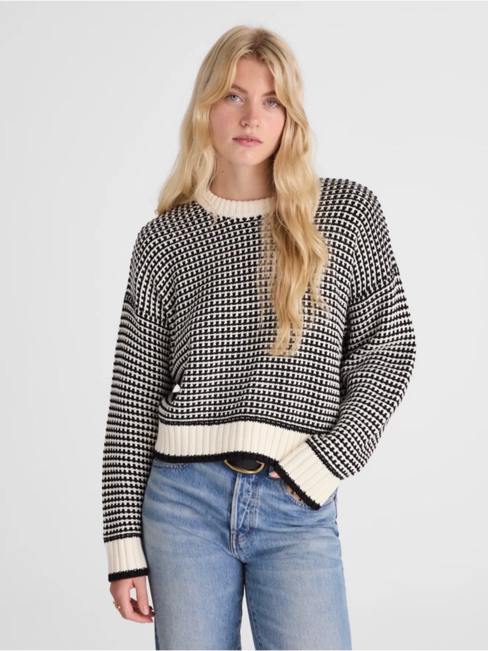 NWT MADEWELL Textured-Stitch Crewneck Sweater 100% Cotton, Ivory Black Stripe L